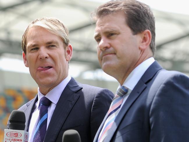 BRISBANE, AUSTRALIA - NOVEMBER 24:  Channel Nine commentators Mark Nicholas, Shane Warne and Mark Taylor during day four of the First Ashes Test match between Australia and England at The Gabba on November 24, 2013 in Brisbane, Australia.  (Photo by Gareth Copley/Getty Images)