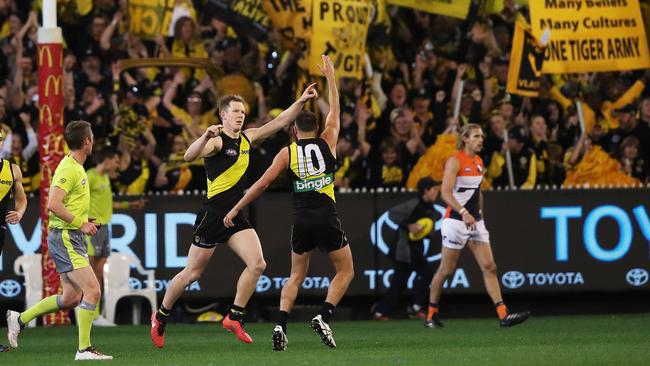 Jack Riewoldt celebrates a goal during the preliminary final win. Picture: Phil Hillyard