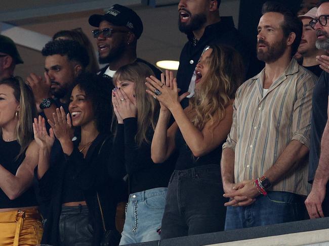 Taylor Swift, Blake Lively, Ryan Reynolds and Hugh Jackman cheer prior to the game between the Kansas City Chiefs and the New York Jets. Picture: Elsa/Getty Images