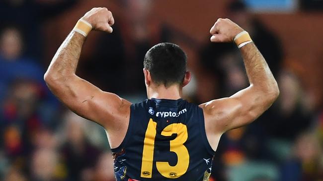 Taylor Walker of the Crows celebrates a goal during the round 11 AFL match between Adelaide Crows and Brisbane Lions at Adelaide Oval, on May 28, 2023, in Adelaide, Australia. (Photo by Mark Brake/Getty Images)