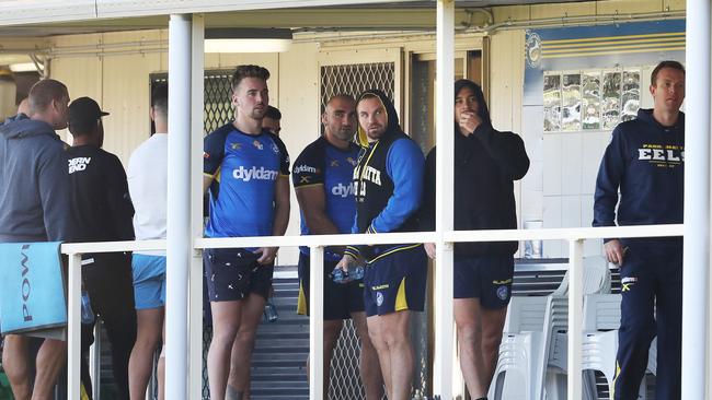 Eels players emerge from meeting finding out the verdict. Picture: Phil Hillyard