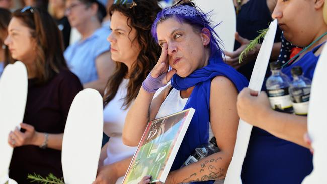 An emotional Ms Simpson at a rally against domestic violence at Parliament House in 2019. Picture: AAP/Mark Brake