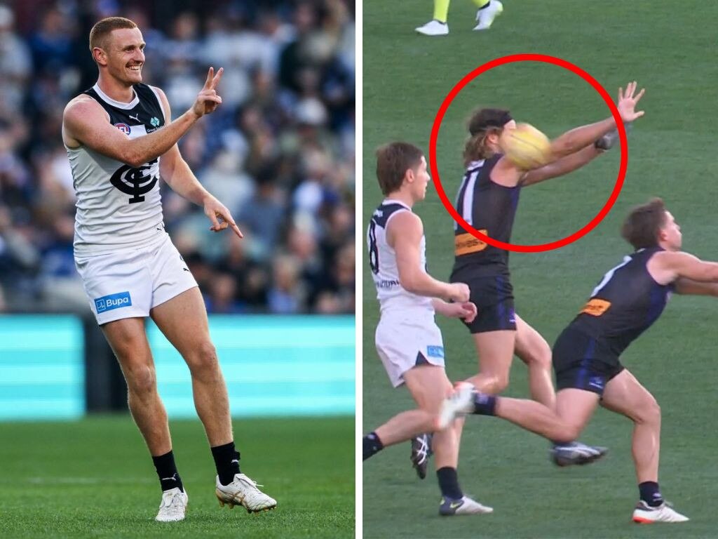 Cottrell celebrates his goal and the moment Fremantle felt Aish touched Hewett’s kick. Photos: Getty Images/Fox Footy