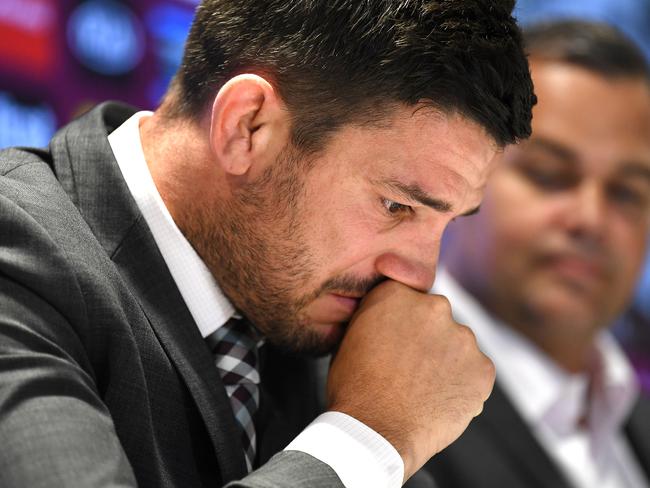 Brisbane Broncos player Matt Gillett reacts as he announces his retirement due to a shoulder injury in Brisbane, Wednesday, October 30, 2019. (AAP Image/Dan Peled) NO ARCHIVING