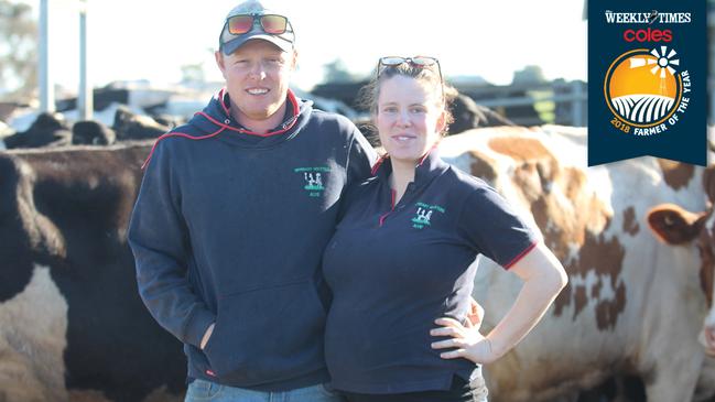 Technology a saviour: Alvie sharefarmers Clint Theodore and Brooke Lane use Dutch-designed collars to monitor the health of their cows. Picture: Simone Smith