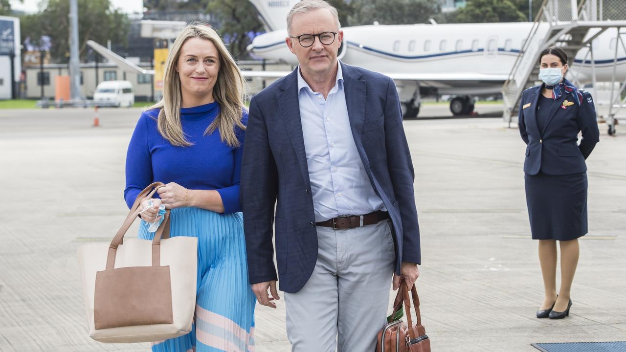 Jodie Haydon and Anthony Albanese after Mr Albanese rejoined the campaign trail, when he was recovered from Covid. Picture: Steven Siewert – Pool/Getty