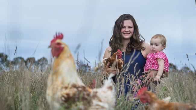 Record demand: Madelaine Scott from Madelaine’s Eggs at Bolinda with one-year-old daughter Thora. She says farmgate sales have increased tenfold. Picture: Zoe Phillips