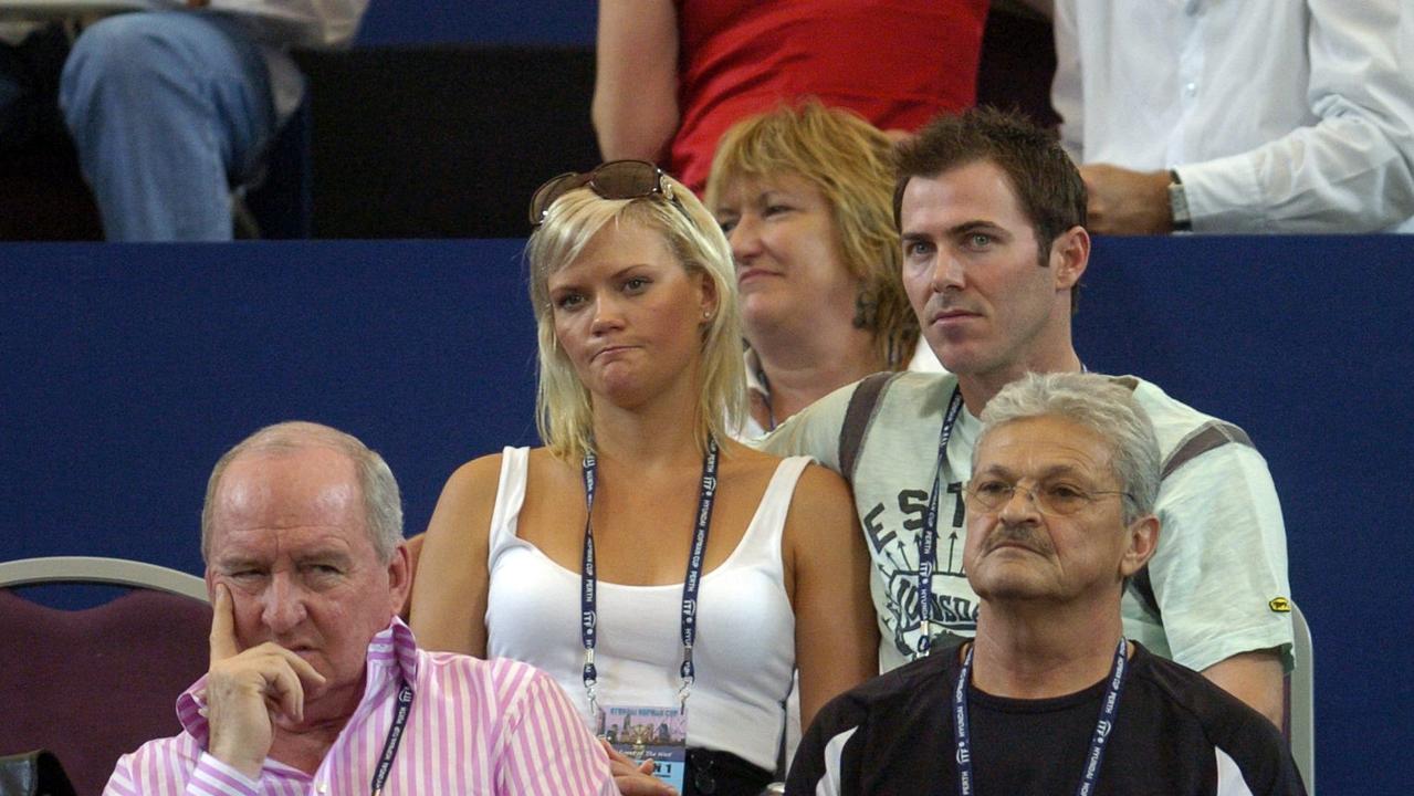 Alan Jones (left) alongside Damien Martyn and his ex-wife Annika plus Nick Philippoussis at the Hopman Cup tennis tournament in Perth.