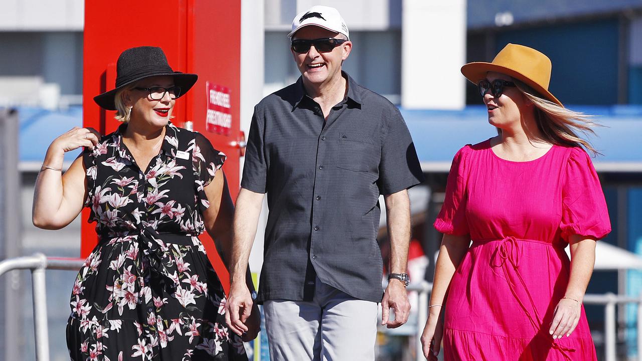 Federal Labor leader Anthony Albanese pictured in Cairns today before leaving to Fitzroy Island with partner Jodie Haydon (right) and Labor candidate Elida Faith (left). Picture: Sam Ruttyn