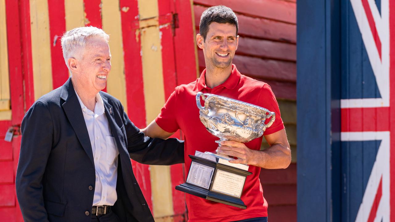 Tennis Australia CEO Craig Tiley with Novak Djokovic after his victory in the 2021 Australian Open. Picture: Getty