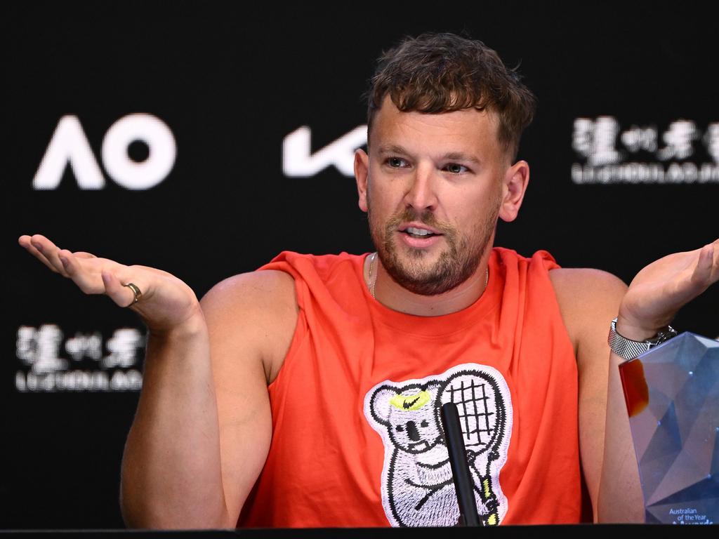 Dylan Alcott speaks to the media during day 10 of the 2022 Australian Open at Melbourne Park. Picture: Quinn Rooney/Getty Images