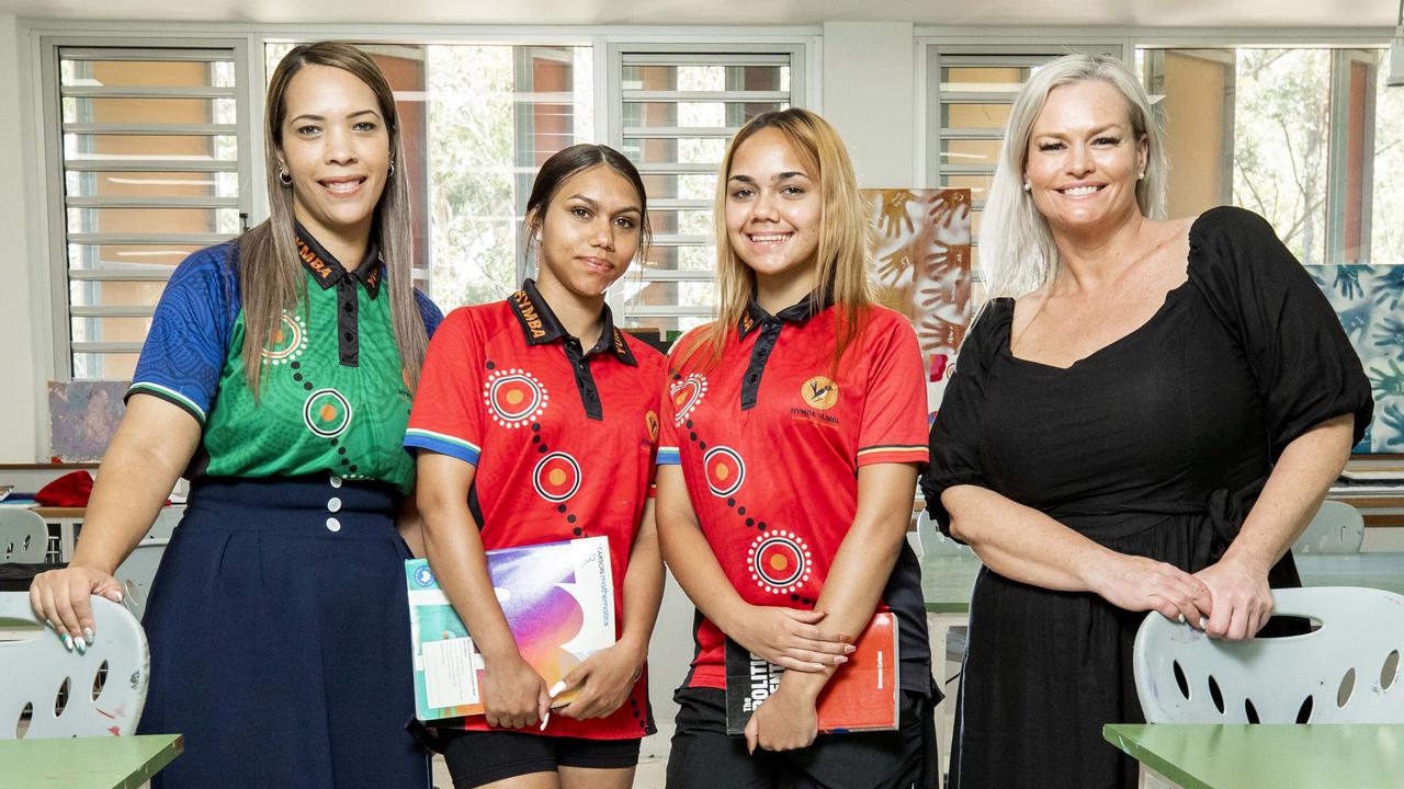 Literacy and Numeracy Coach Ren Christians-Mahe, Izara Bonner, Cienna Fuller-Chapman and Acting Principal Tate Williams at Hymba Yumba Independent School in Springfield. Picture: Richard Walker