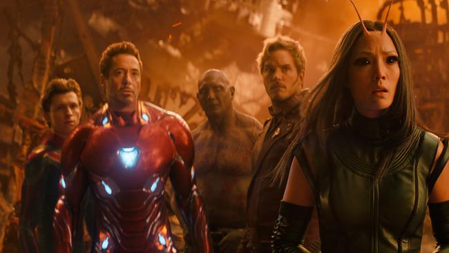 This image released by Marvel Studios shows, from left, Tom Holland, Robert Downey Jr., Dave Bautista, Chris Pratt and Pom Klementieff in a scene from Avengers: Infinity War. Picture: Marvel Studios via AP