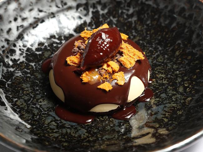 “Chocolate and passionfruit” dessert at Aria. Picture: Peter Wallis