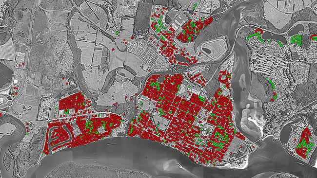 Mapping of affected properties at 2.5m predicted flood height in Ballina. Picture: Supplied