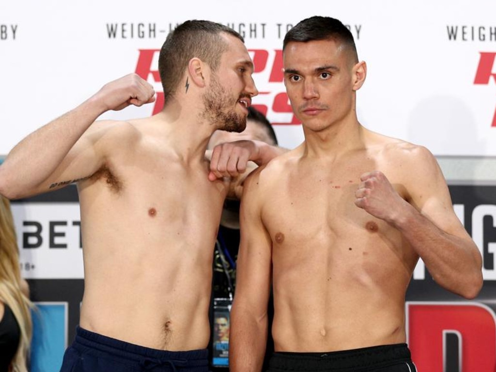 Steve Spark and Tim Tszyu at the weigh-in.