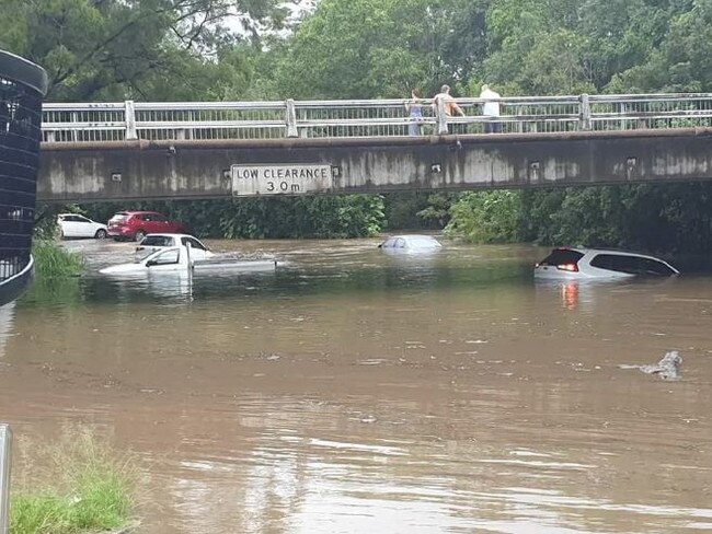 Cars underwater at Nambour Plaza this afternoon. Picture: Jonny Duncan