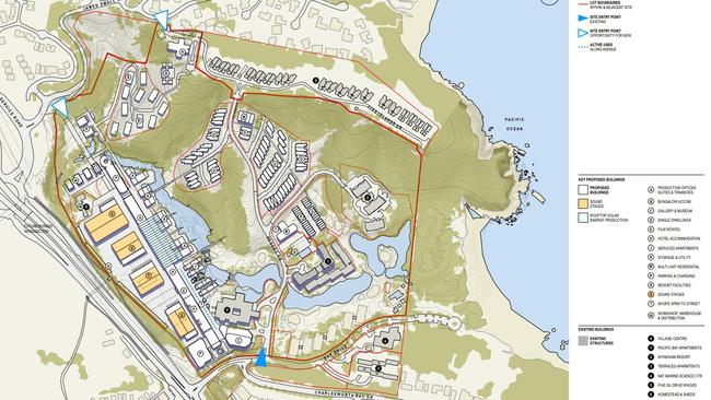 A map shows the proposed layout of Pacific Bay Resort Studios and Village.