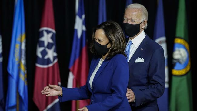 Joe Biden and his running mate Kamala Harris arrive at the Alexis Dupont High School in Wilmington, Delaware. Picture; AFP.