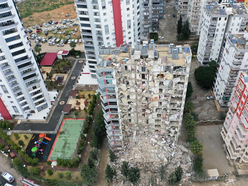 An aerial view of a damaged building after in Adana, Turkey. Picture: Anadolu Agency via Getty Images