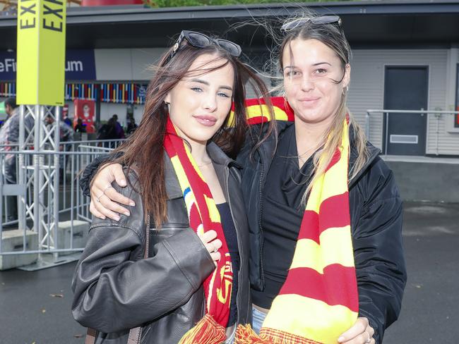 Mikailah Sandford and Elle Presland before the Suns V Freo at People First Stadium Cararra. Picture: Glenn Campbell