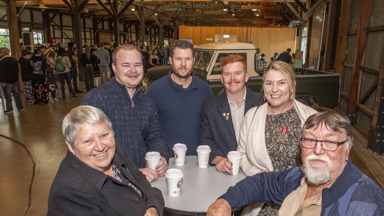 (from left) Tracey Leslie, Daniel Gimm, Shawn Gilmartin, Angus Murray, Tara Leslie and Tony Leslie at The Goods Shed on ANZAC DAY. Tuesday, April 25, 2023. Picture: Nev Madsen.