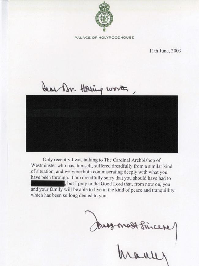 A formal letter from Prince Charles, addressed to Peter Hollingworth, dated June 11th, 2003. Picture: National Archives of Australia