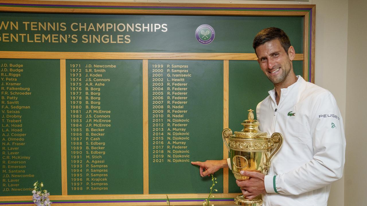 Novak Djokovic of Serbia celebrates his Wimbledon triumph. Photo by AELTC/Thomas Lovelock – Pool/Getty Images