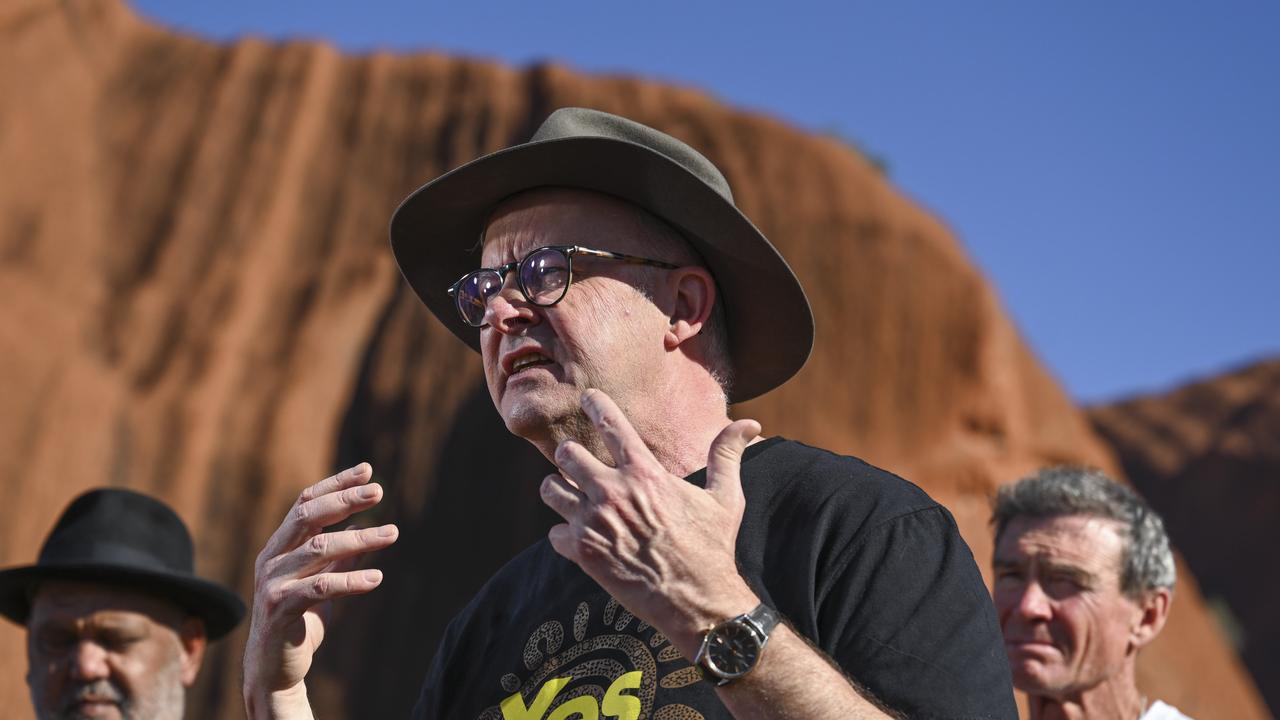 Prime Minister Anthony Albanese finishes his run around the country to raise awareness about the Yes campaign in Uluru. Picture: NCA NewsWire / Martin Ollman