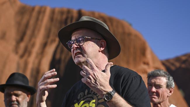 Prime Minister Anthony Albanese finishes his run around the country to raise awareness about the Yes campaign in Uluru. Picture: NCA NewsWire / Martin Ollman