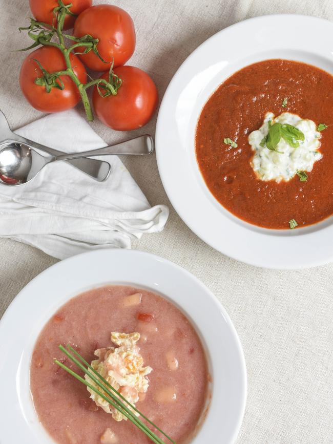 Cool down: The red capsicum gazpacho (top) and chilled peach and tomato soup. Picture: Dannika Bonser