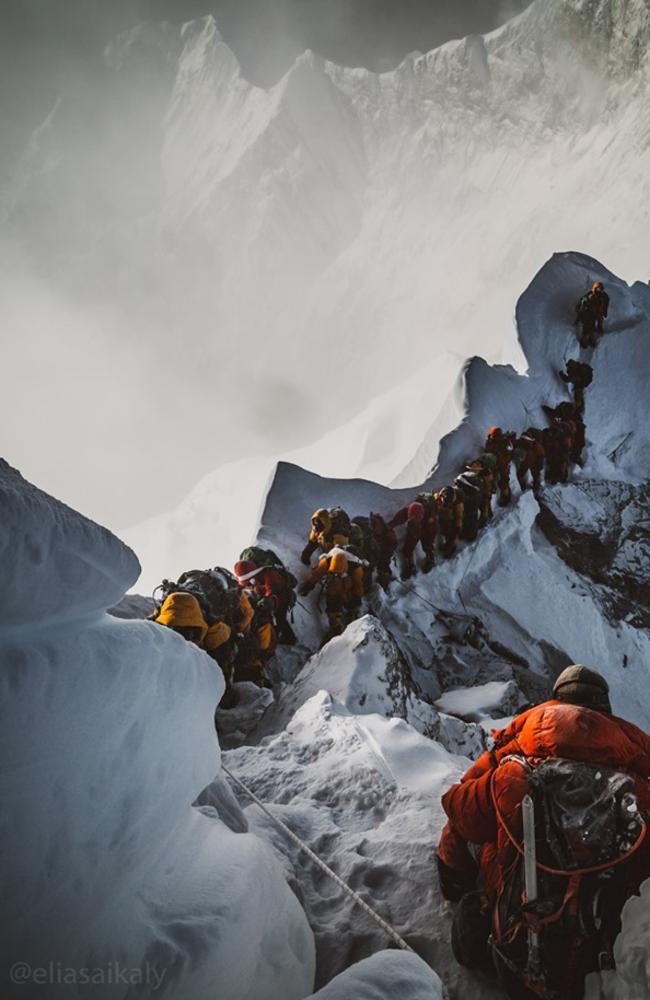 The Everest highway ... climbers use snow drifts as shelter on the final climb for the peak. Picture: @eliasaikaly