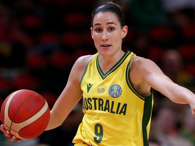 SYDNEY, AUSTRALIA - SEPTEMBER 25: Bec Allen of Australia handles the ball during the 2022 FIBA Women's Basketball World Cup Group B match between Australia and Serbia at Sydney Superdome, on September 25, 2022, in Sydney, Australia. (Photo by Kelly Defina/Getty Images)