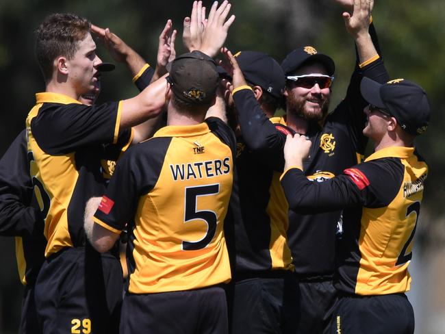 Monash Tigers players react after Mitchell Perry (left) took a wicket during the Victorian Premier Cricket between Monash Tigers and Geelong at Central Reserve in Glen Waverley,  Saturday, February 22, 2020. (Photo/Julian Smith)