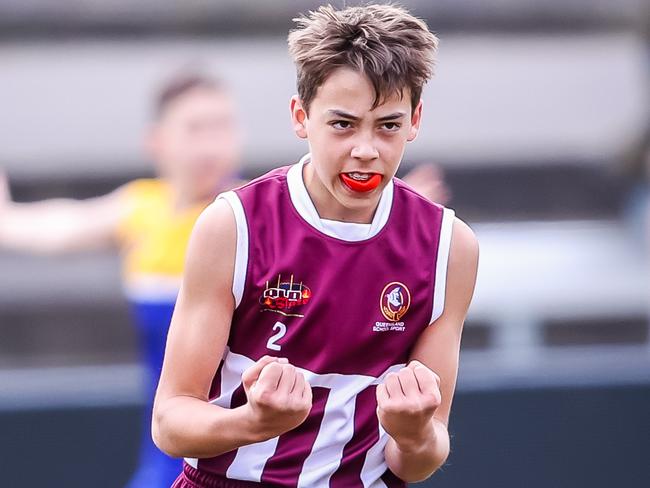 Queensland's Ryan Hutching celebrates a goal Day two of the School Sport Australia U12 Australian Football Championships, ACT v QLD (Boys), on August 8th, 2022, at the Parade in Norwood.Picture: Tom Huntley