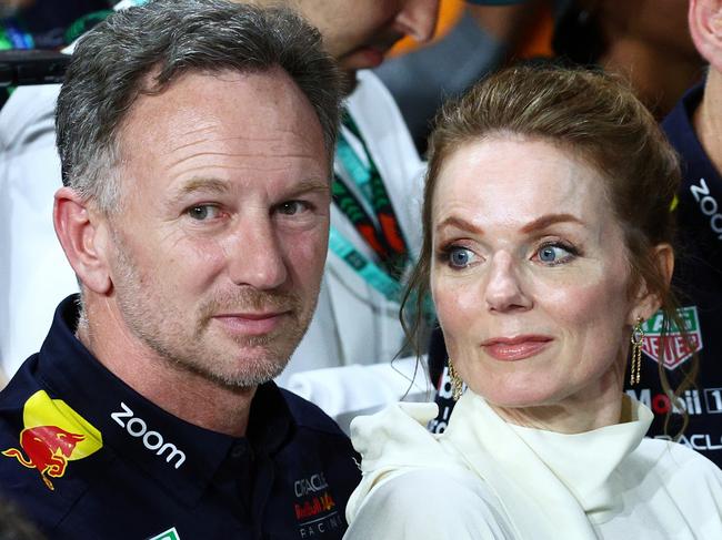 JEDDAH, SAUDI ARABIA - MARCH 09: Oracle Red Bull Racing Team Principal Christian Horner and Geri Horner react in parc ferme during the F1 Grand Prix of Saudi Arabia at Jeddah Corniche Circuit on March 09, 2024 in Jeddah, Saudi Arabia. (Photo by Clive Rose/Getty Images)