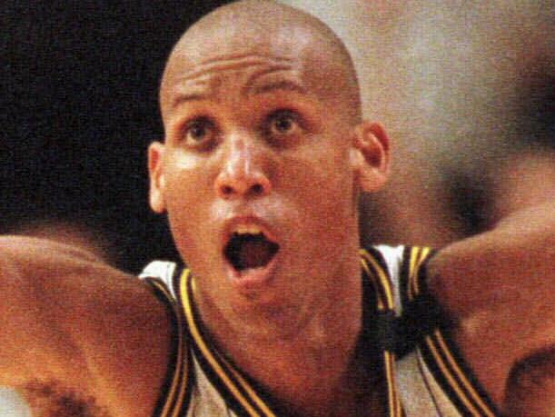 Indiana Pacers' Reggie Miller celebrates his game-winning shot against Bulls in NBA Eastern Conference finals in Indianapolis, 25/05/98. Basketball P/