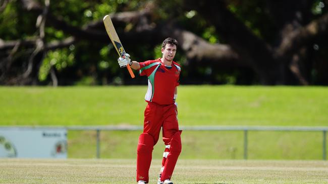 Waratah's Captain Brad Schmulian takes a moment to reflect on bringing up his century against Tracy Village. Picture: Keri Megelus