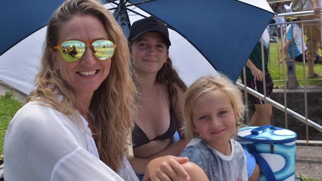 (L-R) Peta, Daisy and Diesel Ellis at day two of the Senior and Masters division of the 2023 Queensland Surf Life Saving Championships at Mooloolaba. Photo: Elizabeth Neil