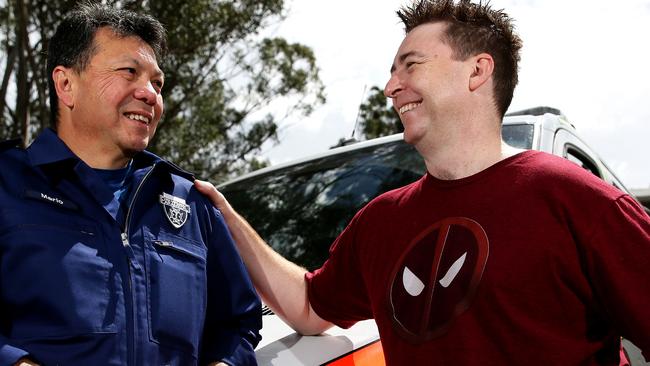 Paramedic Mario Nabung attended to James Armstrong after he was hit by a truck while riding his motorbike. Mr Armstrong credits Mr Nabung with saving his life. Picture: Justin Sanson