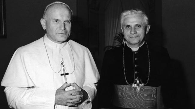 Pope John Paul II, left, in 1979 with Cardinal Joseph Ratzinger, who was elected Pope on April 19, 2005, and chose Benedict XVI as his papal name. Picture: AP