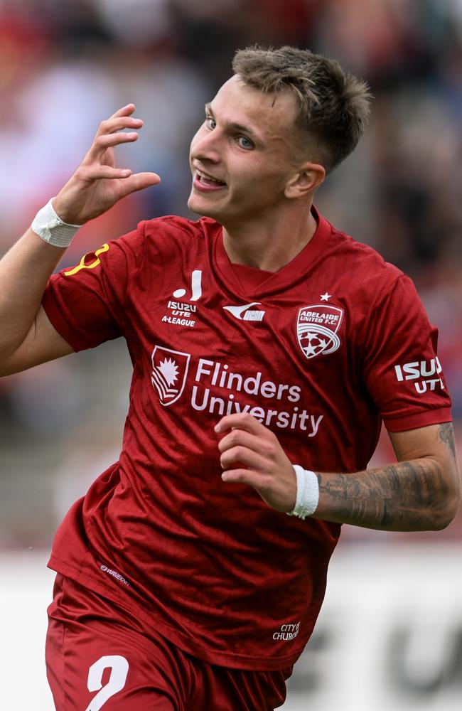 Adelaide United’s Luka Jovanovic celebrates his goal. Picture: Getty Images