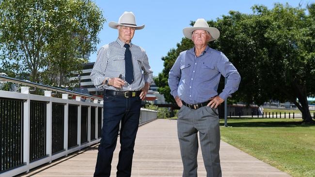 Federal Member for Kennedy Bob Katter with Herbert River district cane grower Robert Lyon speak to the media in their appeal to the Prime Minister for Category D disaster grants to be given to flood-affected farmers. Picture: Shae Beplate.