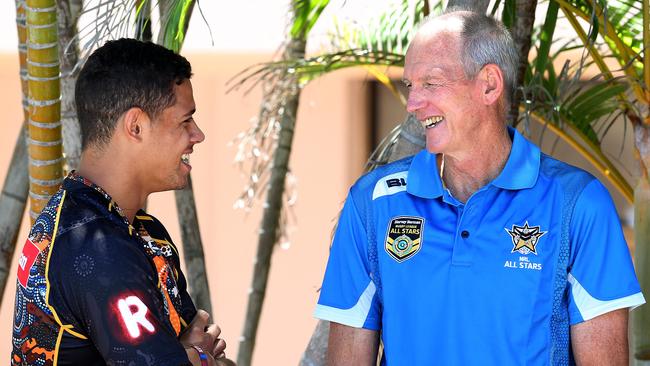 Dane Gagai talks to Wayne Bennett at the NRL All Stars and Indigenous All Stars media session and team photos at Outrigger Hotel in Surfers. Pics Adam Head