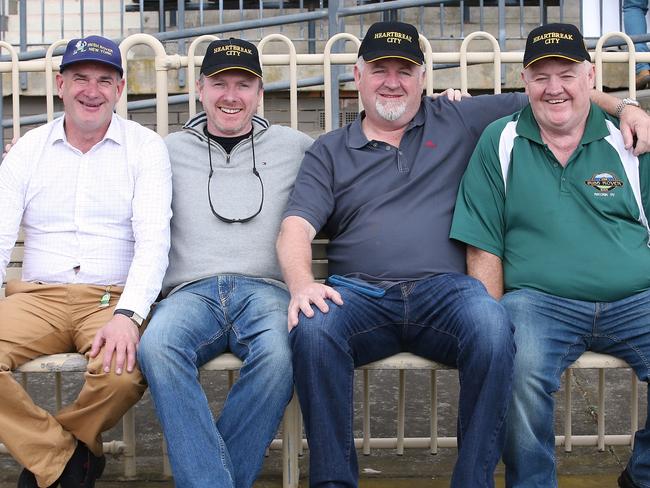 Werribee light run today Melbourne cup horse trainer & owners of Heartbreak City Left to right Tony Martin Charlie GavilÃ¡n Niall Reilly Aidan Sheils watch Heart break city today Picture:Wayne Ludbey