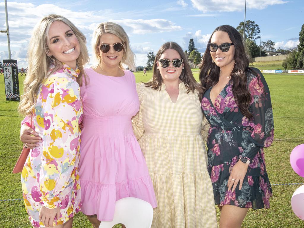 (from left) Constance Bailey, Meghann Olsen, Monique Hannemann and Amy Pearce. Rangers Ladies Day at Gold Park. Saturday, May 28, 2022. Picture: Nev Madsen.