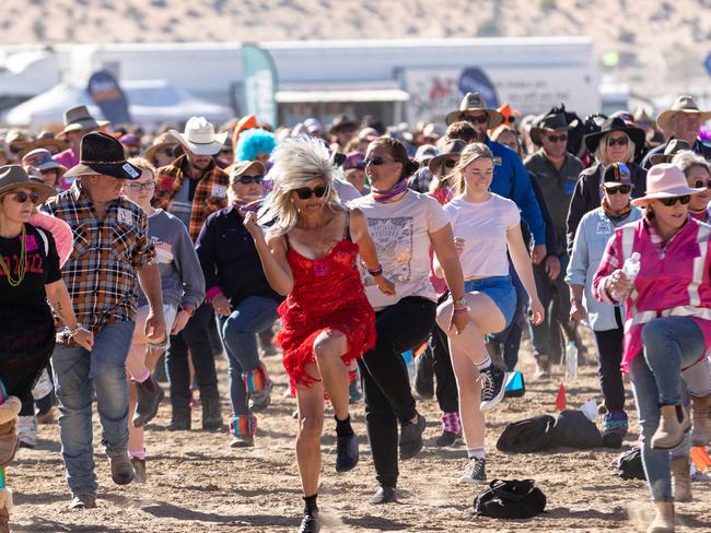 A new world record for the Largest Nutbush City Limits Dance was set at the Birdsville Big Red Bash outback music festival. Picture: Matt Williams