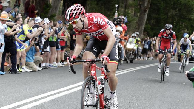 Thomas de Gendt wins the King of the Mountain on Stage 2 of last year’s Tour Down Under. Picture: Sarah Reed