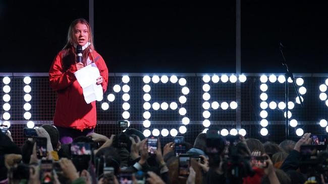 Swedish climate activist Greta Thunberg speaks to the crowd in George Square the end point for the Fridays For Future rally in Glasgow. Picture: AFP