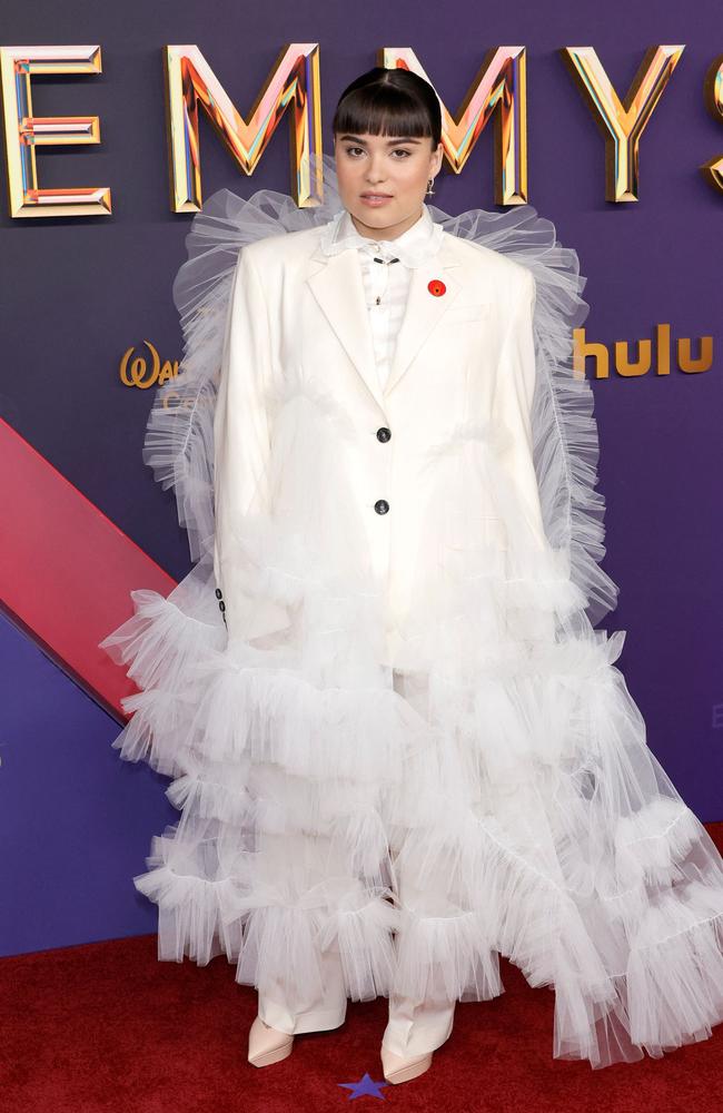 Canadian Reservation Dogs actress Devery Jacobs opted for a statement-making cream coloured suit with tulle accents. Picture: AFP